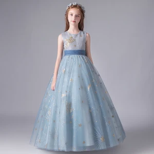 Chic Belle Bleu Ciel Anniversaire Robe Ceremonie Fille 2020 Princesse Encolure Dégagée Sans Manches Appliques Paillettes Noeud Ceinture Longue Volants