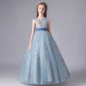 Chic Beautiful Sky Blue Birthday Flower Girl Dresses 2020 A Line Princess Scoop Neck Sleeveless Appliques Sequins Bow Sash Floor Length Long Ruffle