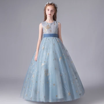 Chic Beautiful Sky Blue Birthday Flower Girl Dresses 2020 A Line Princess Scoop Neck Sleeveless Appliques Sequins Bow Sash Floor Length Long Ruffle