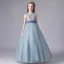 Chic / Beautiful Sky Blue Birthday Flower Girl Dresses 2020 A-Line / Princess Scoop Neck Sleeveless Appliques Sequins Bow Sash Floor-Length / Long Ruffle