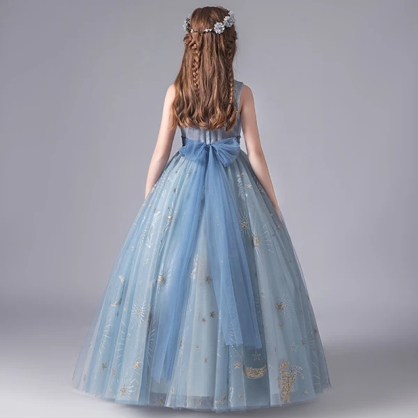 Chic / Beautiful Sky Blue Birthday Flower Girl Dresses 2020 A-Line / Princess Scoop Neck Sleeveless Appliques Sequins Bow Sash Floor-Length / Long Ruffle