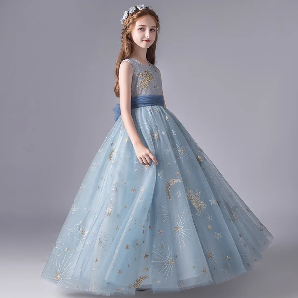 Chic / Beautiful Sky Blue Birthday Flower Girl Dresses 2020 A-Line / Princess Scoop Neck Sleeveless Appliques Sequins Bow Sash Floor-Length / Long Ruffle