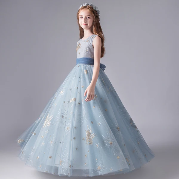 Chic / Beautiful Sky Blue Birthday Flower Girl Dresses 2020 A-Line / Princess Scoop Neck Sleeveless Appliques Sequins Bow Sash Floor-Length / Long Ruffle