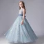 Chic / Beautiful Sky Blue Birthday Flower Girl Dresses 2020 A-Line / Princess Scoop Neck Sleeveless Appliques Sequins Bow Sash Floor-Length / Long Ruffle