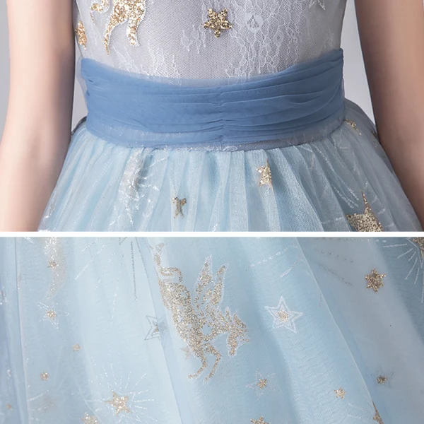 Chic / Beautiful Sky Blue Birthday Flower Girl Dresses 2020 A-Line / Princess Scoop Neck Sleeveless Appliques Sequins Bow Sash Floor-Length / Long Ruffle