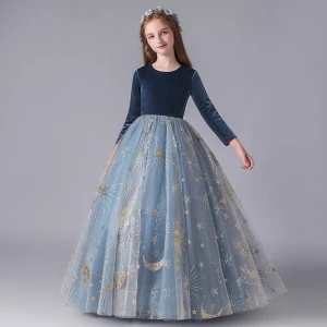 Chic Belle Bleu D Encre Daim Hiver Anniversaire Robe Ceremonie Fille 2020 Robe Boule Encolure Dégagée 3 4 Manches Appliques Étoile Paillettes Longue Volants