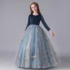 Chic / Beautiful Ink Blue Suede Winter Birthday Flower Girl Dresses 2020 Ball Gown Scoop Neck 3/4 Sleeve Appliques Star Sequins Floor-Length / Long Ruffle