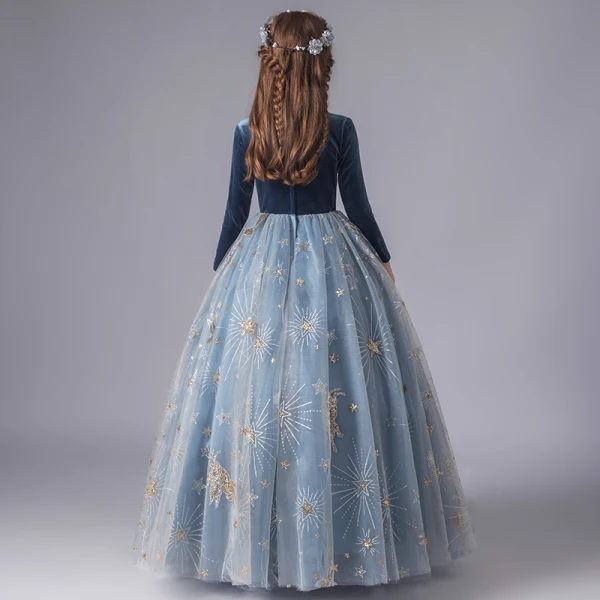 Chic / Beautiful Ink Blue Suede Winter Birthday Flower Girl Dresses 2020 Ball Gown Scoop Neck 3/4 Sleeve Appliques Star Sequins Floor-Length / Long Ruffle