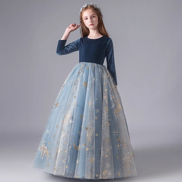 Chic / Beautiful Ink Blue Suede Winter Birthday Flower Girl Dresses 2020 Ball Gown Scoop Neck 3/4 Sleeve Appliques Star Sequins Floor-Length / Long Ruffle