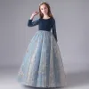 Chic / Beautiful Ink Blue Suede Winter Birthday Flower Girl Dresses 2020 Ball Gown Scoop Neck 3/4 Sleeve Appliques Star Sequins Floor-Length / Long Ruffle