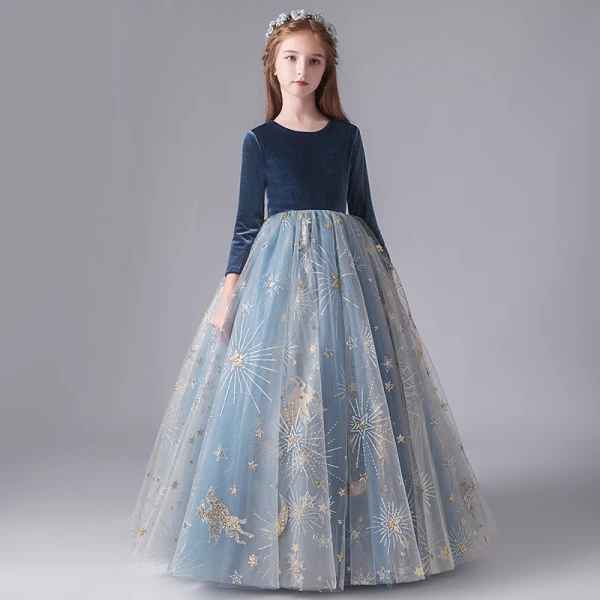 Chic / Beautiful Ink Blue Suede Winter Birthday Flower Girl Dresses 2020 Ball Gown Scoop Neck 3/4 Sleeve Appliques Star Sequins Floor-Length / Long Ruffle
