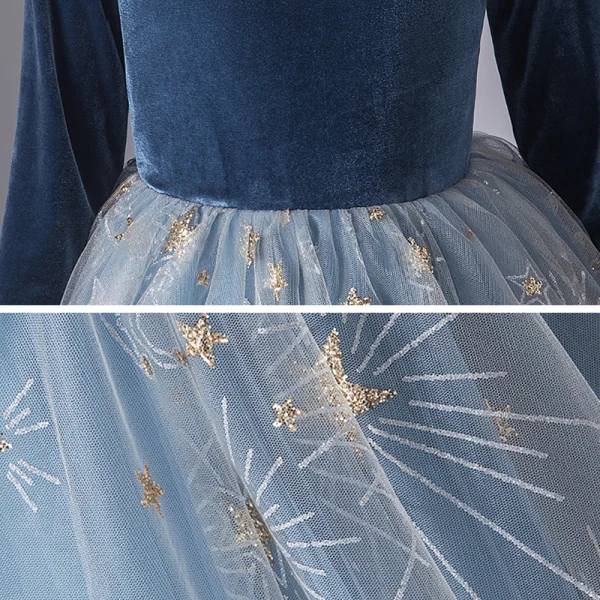 Chic / Beautiful Ink Blue Suede Winter Birthday Flower Girl Dresses 2020 Ball Gown Scoop Neck 3/4 Sleeve Appliques Star Sequins Floor-Length / Long Ruffle