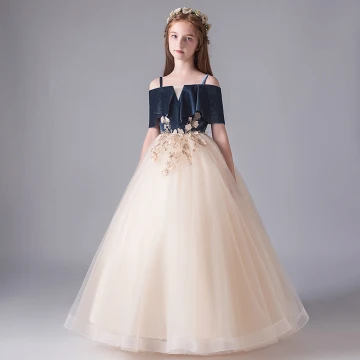 Chic Beautiful Champagne Birthday Flower Girl Dresses 2020 Ball Gown Spaghetti Straps Off The Shoulder Short Sleeve Backless Flower Appliques Lace Floor Length Long Ruffle
