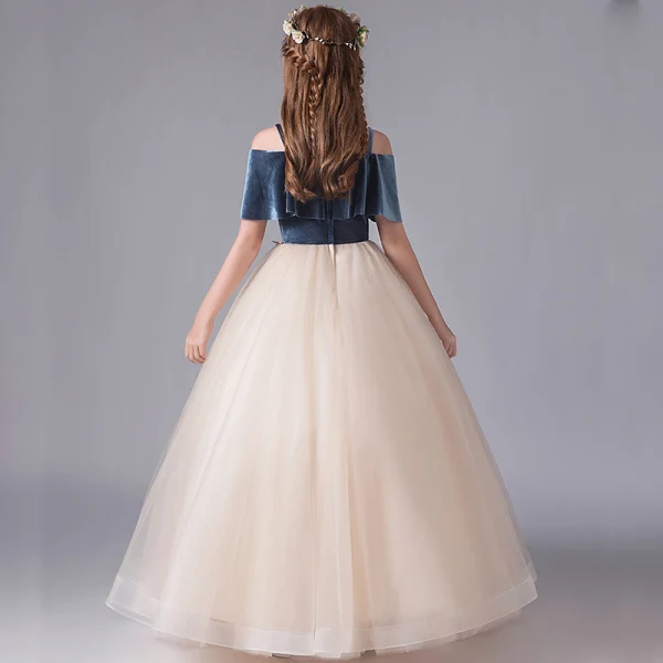 Chic / Beautiful Champagne Birthday Flower Girl Dresses 2020 Ball Gown Spaghetti Straps Off-The-Shoulder Short Sleeve Backless Flower Appliques Lace Floor-Length / Long Ruffle