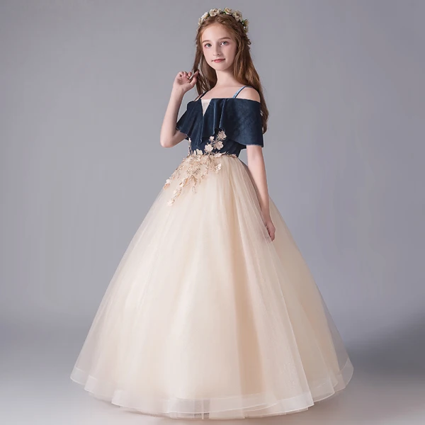 Chic / Beautiful Champagne Birthday Flower Girl Dresses 2020 Ball Gown Spaghetti Straps Off-The-Shoulder Short Sleeve Backless Flower Appliques Lace Floor-Length / Long Ruffle