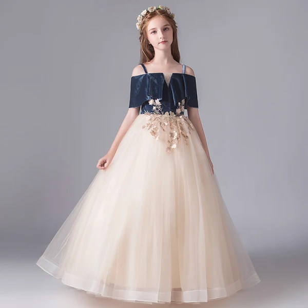Chic / Beautiful Champagne Birthday Flower Girl Dresses 2020 Ball Gown Spaghetti Straps Off-The-Shoulder Short Sleeve Backless Flower Appliques Lace Floor-Length / Long Ruffle