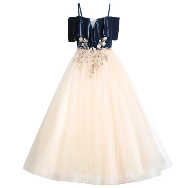 Chic / Beautiful Champagne Birthday Flower Girl Dresses 2020 Ball Gown Spaghetti Straps Off-The-Shoulder Short Sleeve Backless Flower Appliques Lace Floor-Length / Long Ruffle