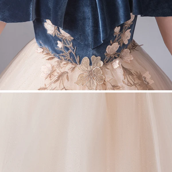 Chic / Beautiful Champagne Birthday Flower Girl Dresses 2020 Ball Gown Spaghetti Straps Off-The-Shoulder Short Sleeve Backless Flower Appliques Lace Floor-Length / Long Ruffle