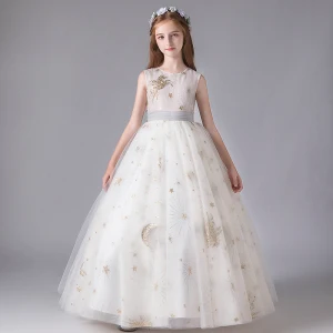 Chic Beautiful Ivory Birthday Flower Girl Dresses 2020 Ball Gown Scoop Neck Sleeveless Appliques Star Sequins Bow Sash Floor Length Long Ruffle