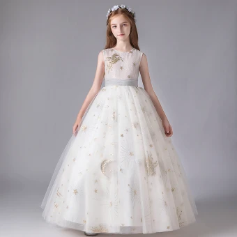 Chic Belle Ivoire Anniversaire Robe Ceremonie Fille 2020 Robe Boule Encolure Dégagée Sans Manches Appliques Étoile Paillettes Noeud Ceinture Longue Volants