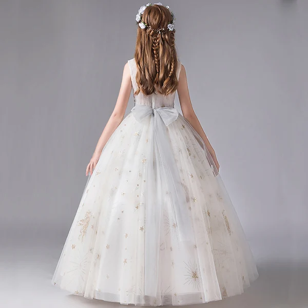 Chic / Belle Ivoire Anniversaire Robe Ceremonie Fille 2020 Robe Boule Encolure Dégagée Sans Manches Appliques Étoile Paillettes Noeud Ceinture Longue Volants