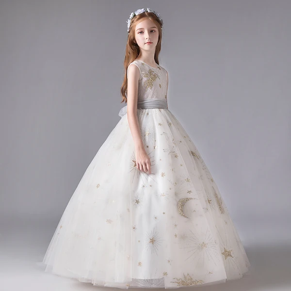 Chic / Belle Ivoire Anniversaire Robe Ceremonie Fille 2020 Robe Boule Encolure Dégagée Sans Manches Appliques Étoile Paillettes Noeud Ceinture Longue Volants