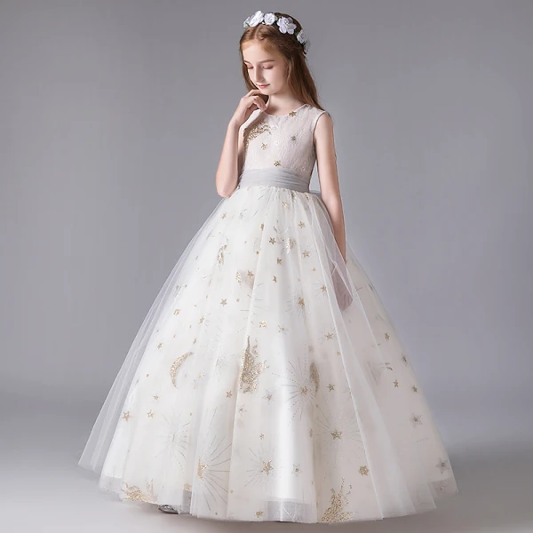 Chic / Belle Ivoire Anniversaire Robe Ceremonie Fille 2020 Robe Boule Encolure Dégagée Sans Manches Appliques Étoile Paillettes Noeud Ceinture Longue Volants