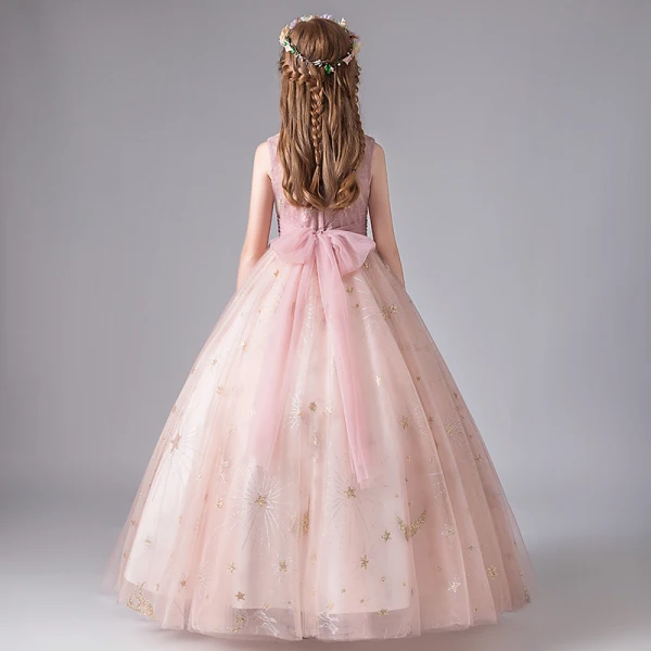 Chic / Beautiful Blushing Pink Birthday Flower Girl Dresses 2020 Ball Gown Scoop Neck Sleeveless Appliques Star Sequins Bow Sash Floor-Length / Long Ruffle