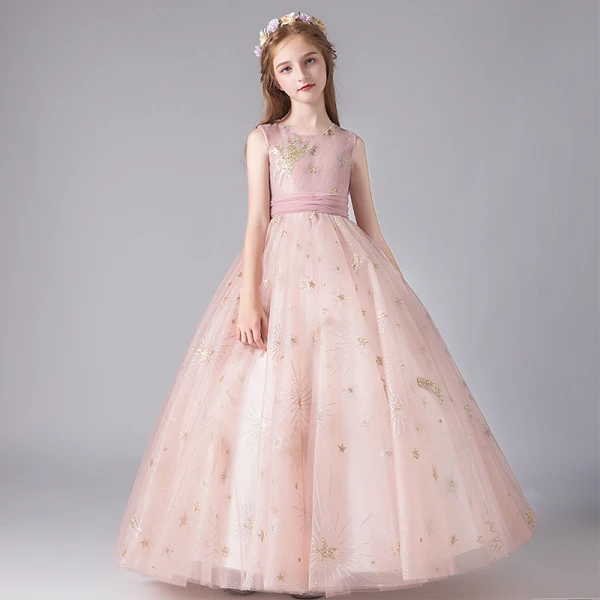 Chic / Beautiful Blushing Pink Birthday Flower Girl Dresses 2020 Ball Gown Scoop Neck Sleeveless Appliques Star Sequins Bow Sash Floor-Length / Long Ruffle