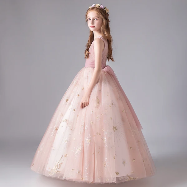 Chic / Beautiful Blushing Pink Birthday Flower Girl Dresses 2020 Ball Gown Scoop Neck Sleeveless Appliques Star Sequins Bow Sash Floor-Length / Long Ruffle