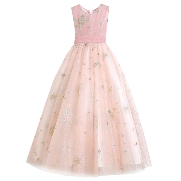 Chic / Beautiful Blushing Pink Birthday Flower Girl Dresses 2020 Ball Gown Scoop Neck Sleeveless Appliques Star Sequins Bow Sash Floor-Length / Long Ruffle