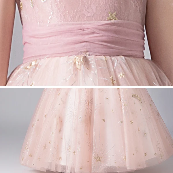 Chic / Beautiful Blushing Pink Birthday Flower Girl Dresses 2020 Ball Gown Scoop Neck Sleeveless Appliques Star Sequins Bow Sash Floor-Length / Long Ruffle