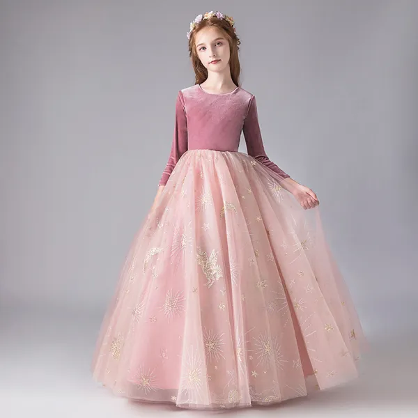 Chic / Beautiful Candy Pink Suede Winter Birthday Flower Girl Dresses 2020 Ball Gown Scoop Neck 3/4 Sleeve Appliques Star Sequins Floor-Length / Long Ruffle