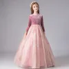 Chic / Beautiful Candy Pink Suede Winter Birthday Flower Girl Dresses 2020 Ball Gown Scoop Neck 3/4 Sleeve Appliques Star Sequins Floor-Length / Long Ruffle