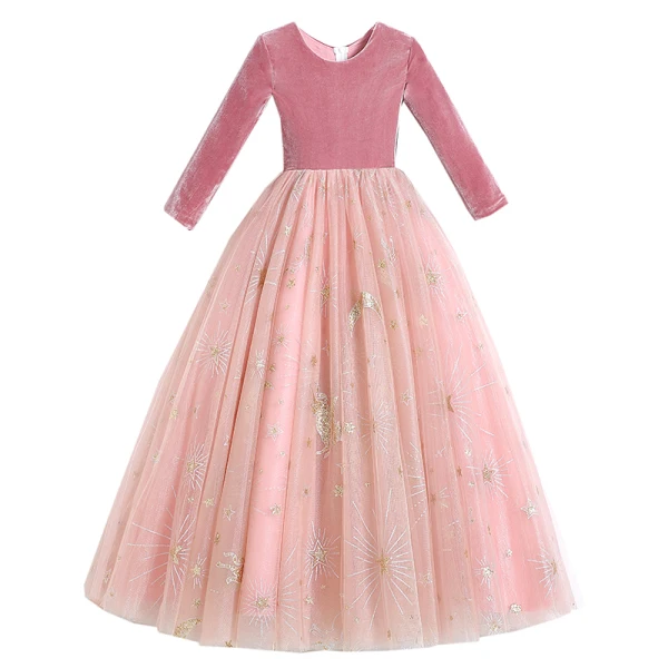 Chic / Beautiful Candy Pink Suede Winter Birthday Flower Girl Dresses 2020 Ball Gown Scoop Neck 3/4 Sleeve Appliques Star Sequins Floor-Length / Long Ruffle