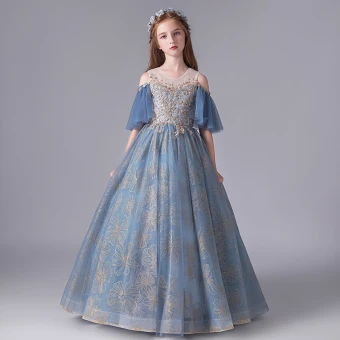 Chic Belle Océan Bleu Anniversaire Robe Ceremonie Fille 2020 Robe Boule Transparentes Encolure Dégagée Manches De Cloche Dos Nu Appliques Paillettes Brodé Fleur Longue Volants