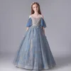 Chic / Beautiful Ocean Blue Birthday Flower Girl Dresses 2020 Ball Gown See-through Scoop Neck Bell sleeves Backless Appliques Sequins Embroidered Flower Floor-Length / Long Ruffle