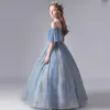 Chic / Beautiful Ocean Blue Birthday Flower Girl Dresses 2020 Ball Gown See-through Scoop Neck Bell sleeves Backless Appliques Sequins Embroidered Flower Floor-Length / Long Ruffle