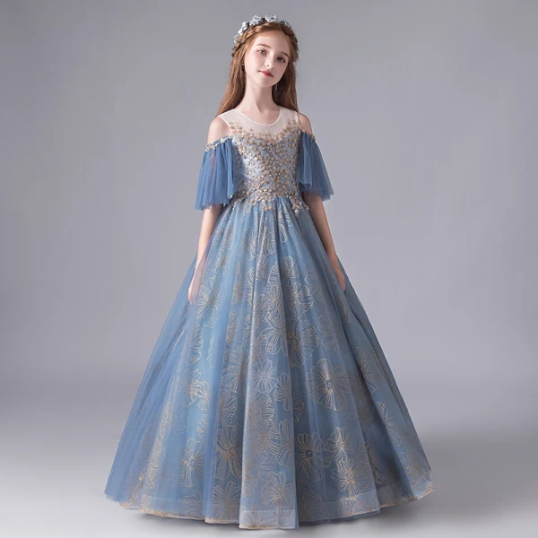 Chic / Beautiful Ocean Blue Birthday Flower Girl Dresses 2020 Ball Gown See-through Scoop Neck Bell sleeves Backless Appliques Sequins Embroidered Flower Floor-Length / Long Ruffle