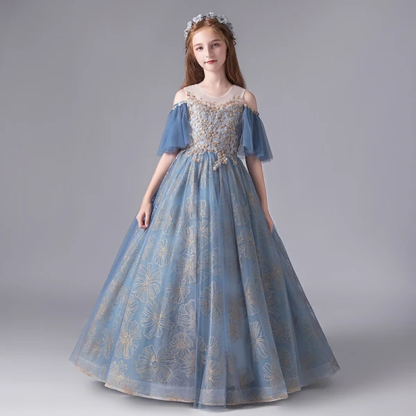 Chic / Beautiful Ocean Blue Birthday Flower Girl Dresses 2020 Ball Gown See-through Scoop Neck Bell sleeves Backless Appliques Sequins Embroidered Flower Floor-Length / Long Ruffle