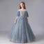 Chic / Beautiful Ocean Blue Birthday Flower Girl Dresses 2020 Ball Gown See-through Scoop Neck Bell sleeves Backless Appliques Sequins Embroidered Flower Floor-Length / Long Ruffle
