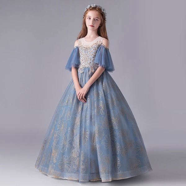 Chic / Beautiful Ocean Blue Birthday Flower Girl Dresses 2020 Ball Gown See-through Scoop Neck Bell sleeves Backless Appliques Sequins Embroidered Flower Floor-Length / Long Ruffle