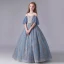 Chic / Beautiful Ocean Blue Birthday Flower Girl Dresses 2020 Ball Gown See-through Scoop Neck Bell sleeves Backless Appliques Sequins Embroidered Flower Floor-Length / Long Ruffle