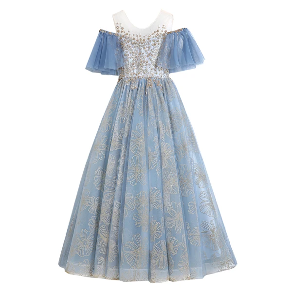 Chic / Beautiful Ocean Blue Birthday Flower Girl Dresses 2020 Ball Gown See-through Scoop Neck Bell sleeves Backless Appliques Sequins Embroidered Flower Floor-Length / Long Ruffle