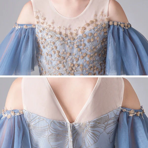 Chic / Beautiful Ocean Blue Birthday Flower Girl Dresses 2020 Ball Gown See-through Scoop Neck Bell sleeves Backless Appliques Sequins Embroidered Flower Floor-Length / Long Ruffle