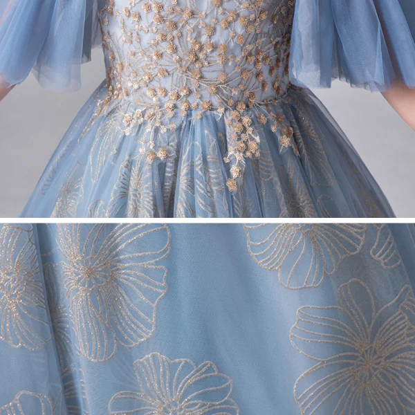 Chic / Beautiful Ocean Blue Birthday Flower Girl Dresses 2020 Ball Gown See-through Scoop Neck Bell sleeves Backless Appliques Sequins Embroidered Flower Floor-Length / Long Ruffle