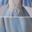 Chic / Beautiful Ocean Blue Birthday Flower Girl Dresses 2020 Ball Gown See-through Scoop Neck Bell sleeves Backless Appliques Sequins Embroidered Flower Floor-Length / Long Ruffle