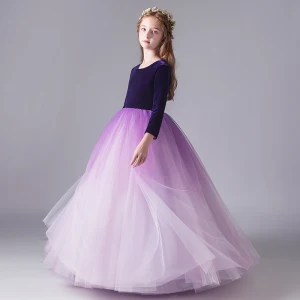 Simple Violet Dégradé De Couleur Daim Hiver Anniversaire Robe Ceremonie Fille 2020 Robe Boule Encolure Dégagée 3 4 Manches Longue Volants