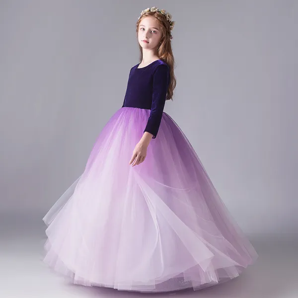 Modest / Simple Purple Gradient-Color Suede Winter Birthday Flower Girl Dresses 2020 Ball Gown Scoop Neck 3/4 Sleeve Floor-Length / Long Ruffle