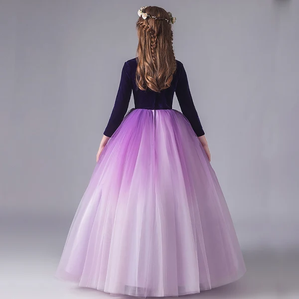Modest / Simple Purple Gradient-Color Suede Winter Birthday Flower Girl Dresses 2020 Ball Gown Scoop Neck 3/4 Sleeve Floor-Length / Long Ruffle